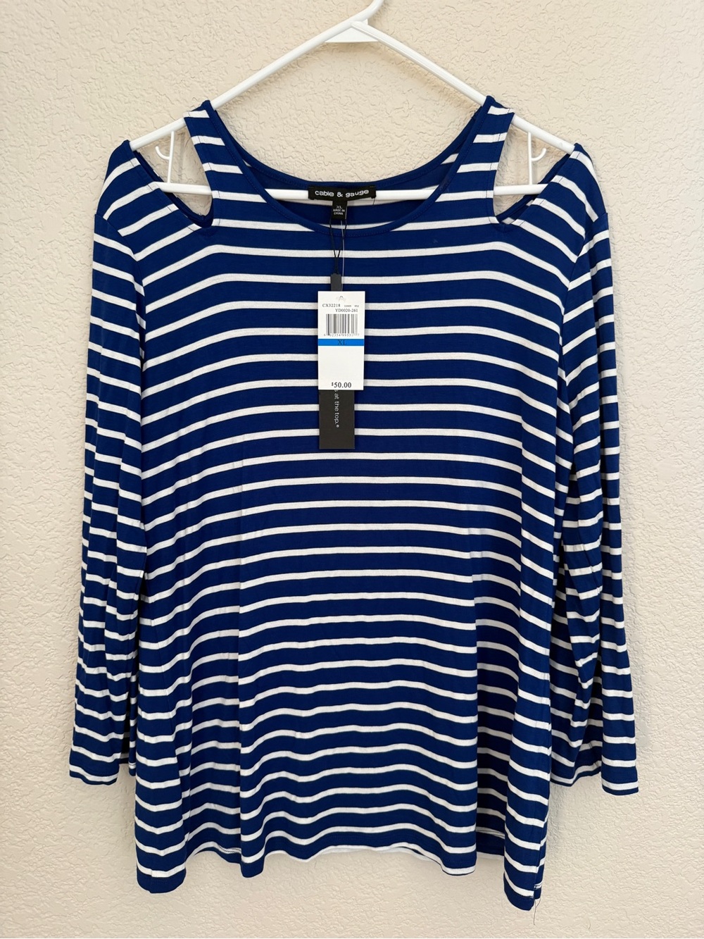 Cable & Gauge Blue White Striped Cold Shoulder Top XL New